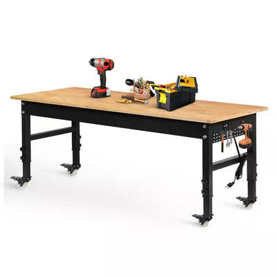 70 In. W X 21 In. D Heavy-Duty Adjustable Solid Wood Top Work Table with Pegboard Power Outlets and Wheels