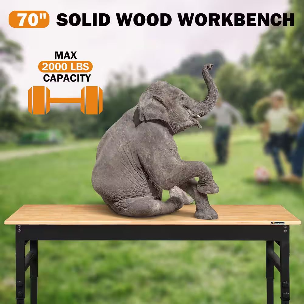 70 In. W X 21 In. D Heavy-Duty Adjustable Solid Wood Top Work Table with Pegboard Power Outlets and Wheels