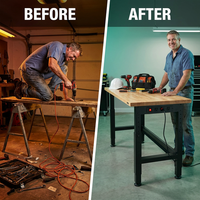 48 In. W X 24 In. D Heavy-Duty Capacity Adjustable Workbench Work Table Hardwood Top with Integrated Power Outlet — Before & After