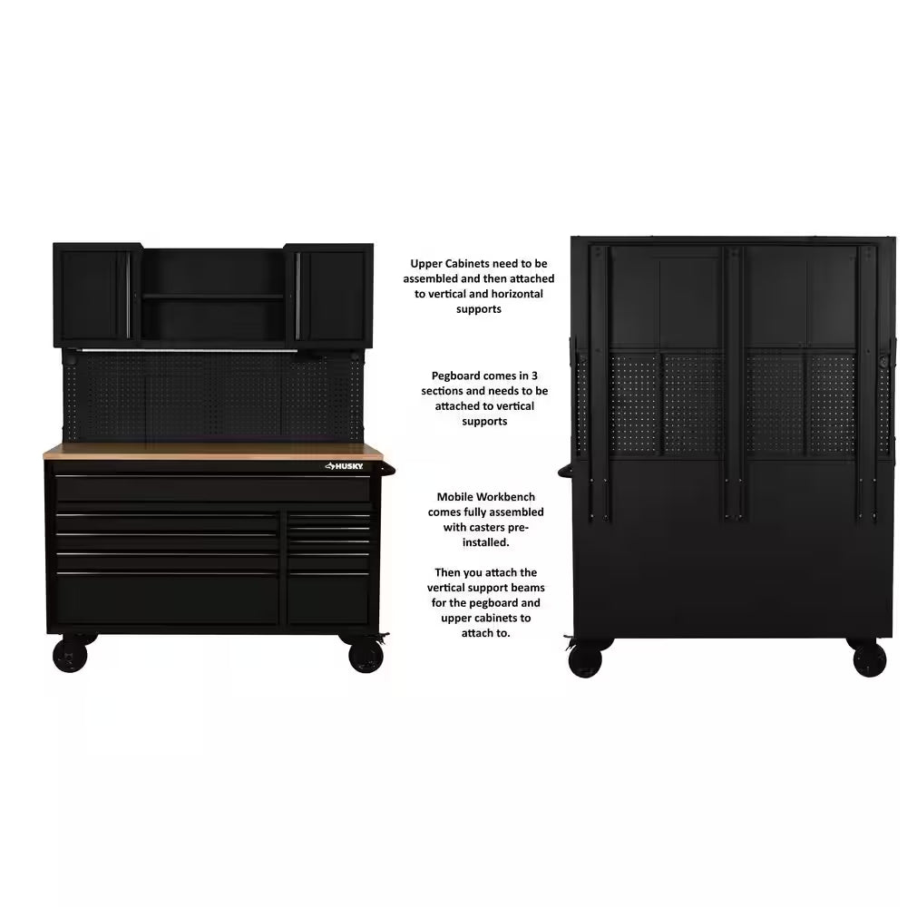 56 In. W X 27.6 In. D 10-Drawer Matte Black Heavy-Duty Mobile Workbench with Pegboard and Top Cabinets