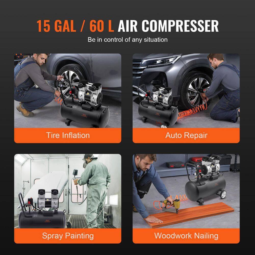 Air Compressor, 15 Gal. Steel Tank, 2HP 5.3 CFM@90 PSI Oil Free Air Compressor & Max. 125PSI Pressure, 78Db Compressor