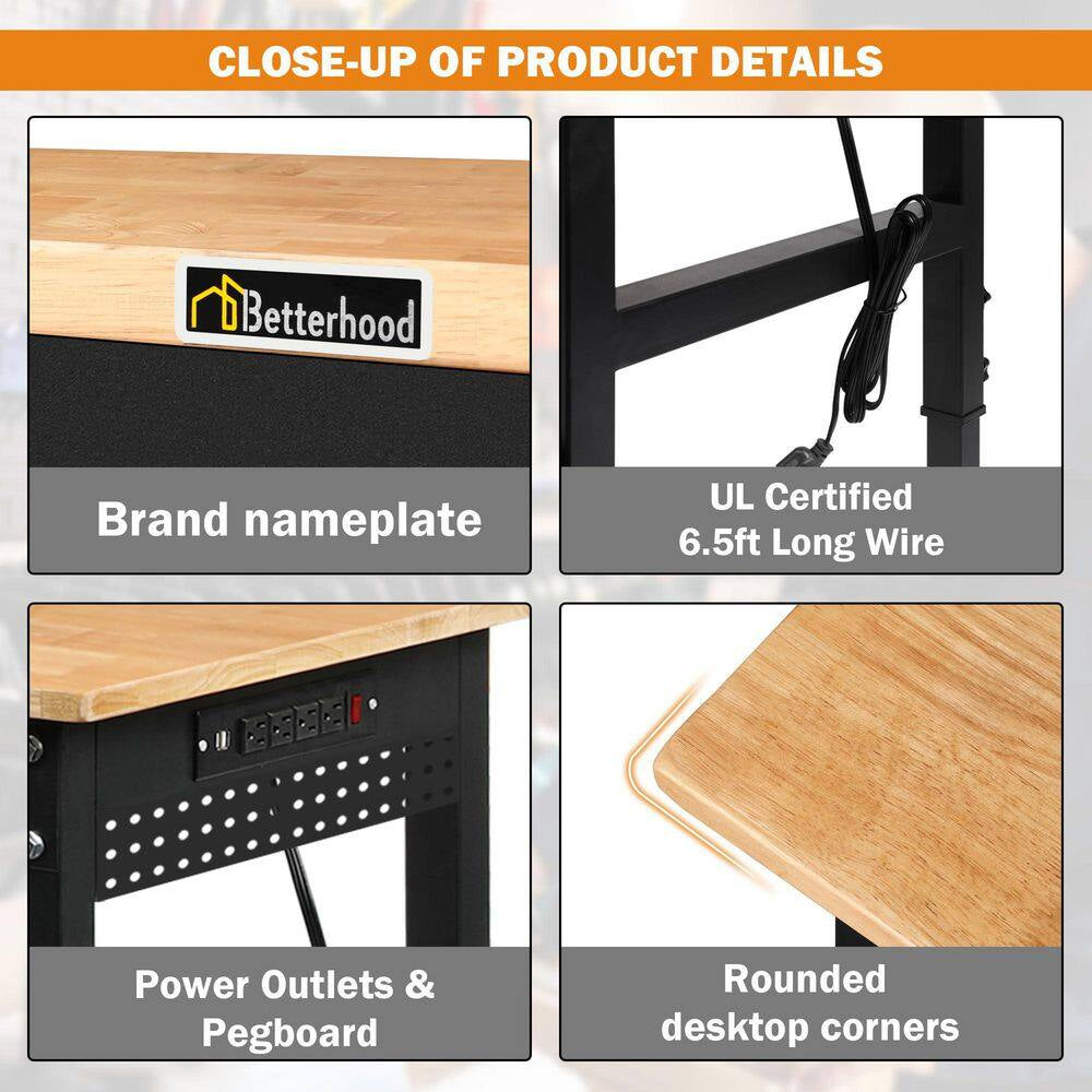 70 In. W X 21 In. D Heavy-Duty Adjustable Solid Wood Top Work Table with Pegboard Power Outlets and Wheels