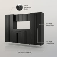 Garage Storage System Built for Heavy-Duty Organization, 24-Gauge Welded Steel, Wall-Mount, 7-Piece Set — infographic