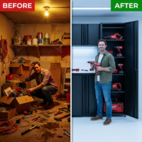 Garage Storage System Built for Heavy-Duty Organization, 24-Gauge Welded Steel, Wall-Mount, 7-Piece Set — Before & After