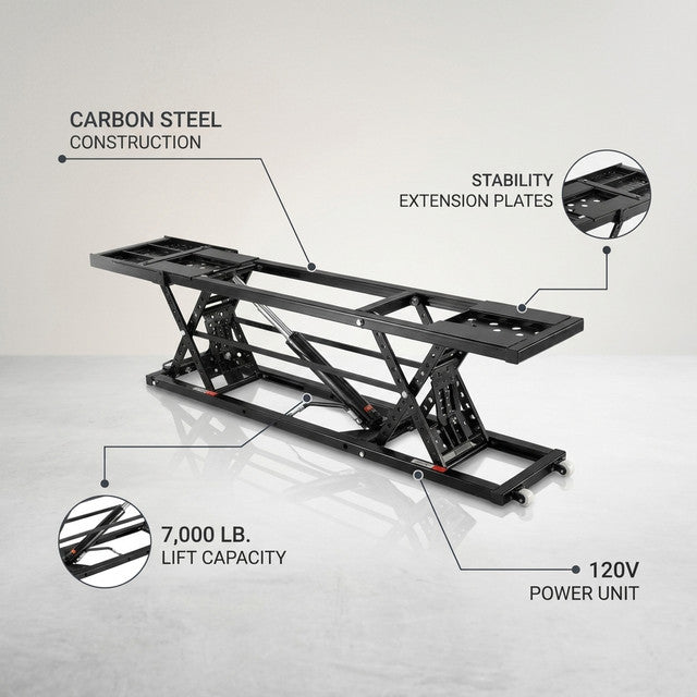 Car Lift, 7,000 Lbs. Capacity Portable Car Lift, 26.8 In. Max. Height, Carbon Steel Truck Lift with 120-Volt Power Unit — infographic