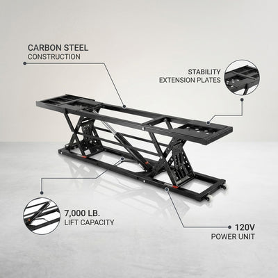 Portable Car Lift Built for Heavy-Duty Lifting, 7000 Lb Capacity, Carbon Steel Frame, 120V Power Unit