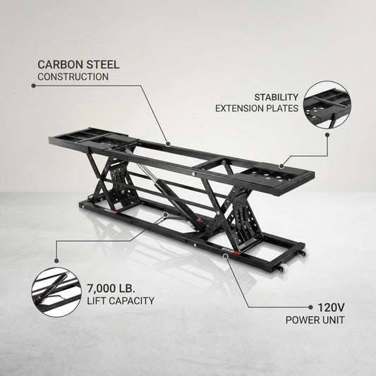 Car Lift, 7,000 Lbs. Capacity Portable Car Lift, 26.8 In. Max. Height, Carbon Steel Truck Lift with 120-Volt Power Unit — infographic