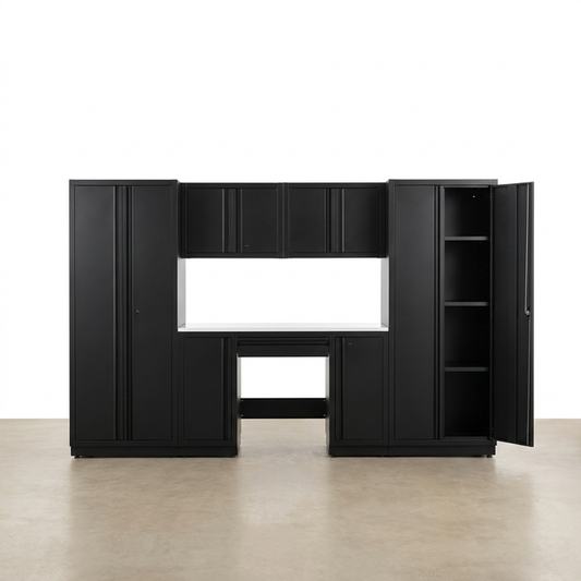 Garage Storage System Built for Heavy-Duty Organization, 24-Gauge Welded Steel, Wall-Mount, 7-Piece Set — Studio Shot