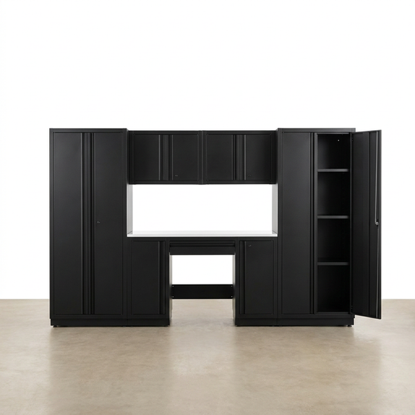 Garage Storage System Built for Heavy-Duty Organization, 24-Gauge Welded Steel, Wall-Mount, 7-Piece Set — Studio Shot