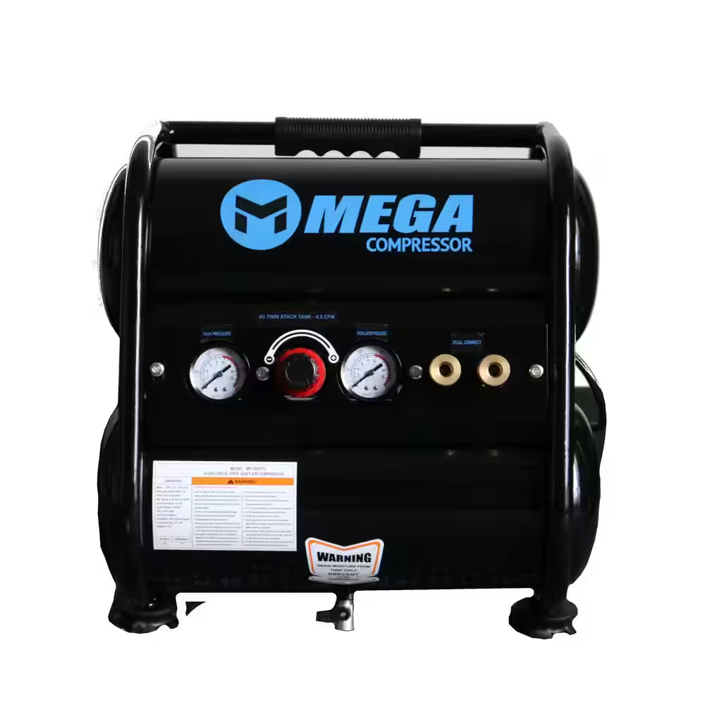 Silent 4 Gal. 2HP 135 PSI Twin Tank Oil Free Corded Electric Air Compressor