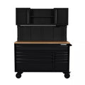 56 In. W X 27.6 In. D 10-Drawer Matte Black Heavy-Duty Mobile Workbench with Pegboard and Top Cabinets