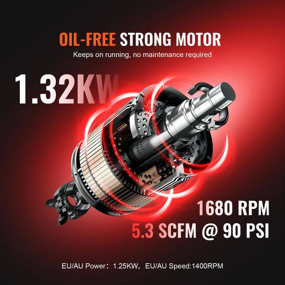 Air Compressor, 15 Gal. Steel Tank, 2HP 5.3 CFM@90 PSI Oil Free Air Compressor & Max. 125PSI Pressure, 78Db Compressor