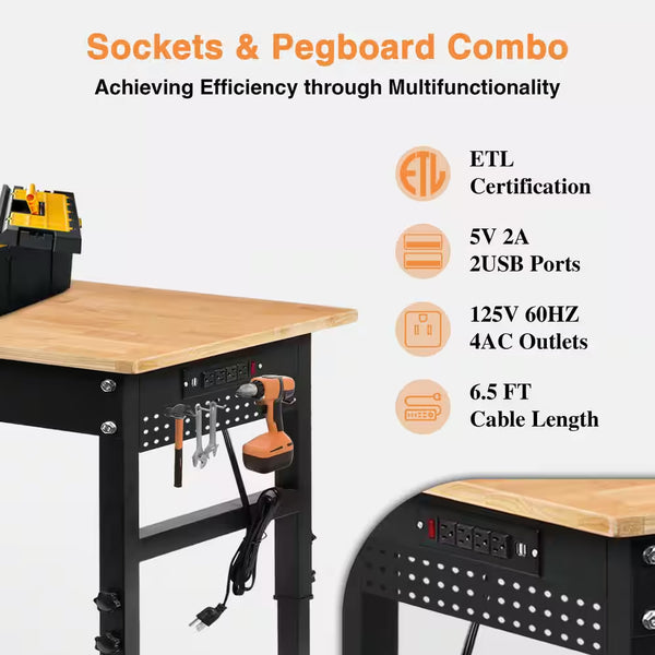 70 In. W X 21 In. D Heavy-Duty Adjustable Solid Wood Top Work Table with Pegboard Power Outlets and Wheels