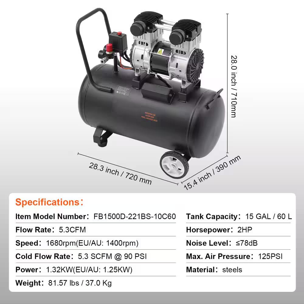 Air Compressor, 15 Gal. Steel Tank, 2HP 5.3 CFM@90 PSI Oil Free Air Compressor & Max. 125PSI Pressure, 78Db Compressor