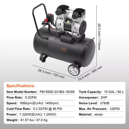 Air Compressor, 15 Gal. Steel Tank, 2HP 5.3 CFM@90 PSI Oil Free Air Compressor & Max. 125PSI Pressure, 78Db Compressor
